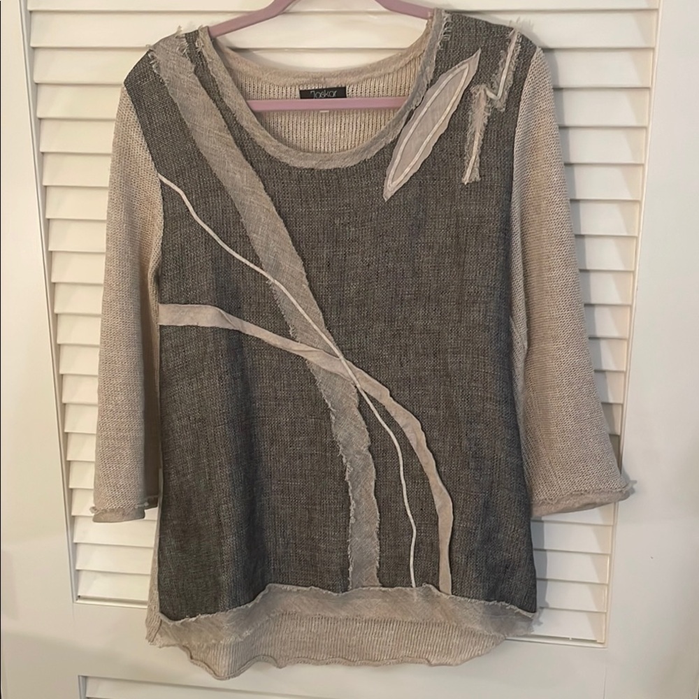 Jaskar Cream Embellished Detailed Black Graphic Asymmetrical Blouse Top Sweater